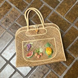 Vintage Woven Straw Fruit Accent Beach Tote Bag